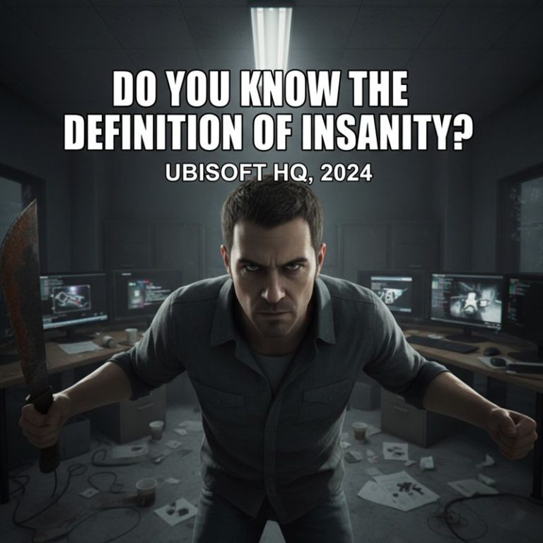 Far Cry 3의 바스가 카메라를 내려다보며 '정신 나간 짓의 정의를 아니?'라고 말하는 모습, 아래에 'Ubisoft HQ, 2024' 문구가 있음