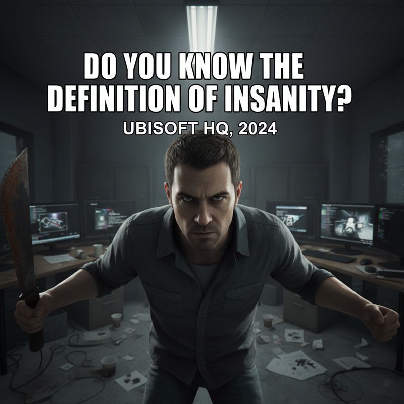 Far Cry 3의 바스가 카메라를 내려다보며 '정신 나간 짓의 정의를 아니?'라고 말하는 모습, 아래에 'Ubisoft HQ, 2024' 문구가 있음