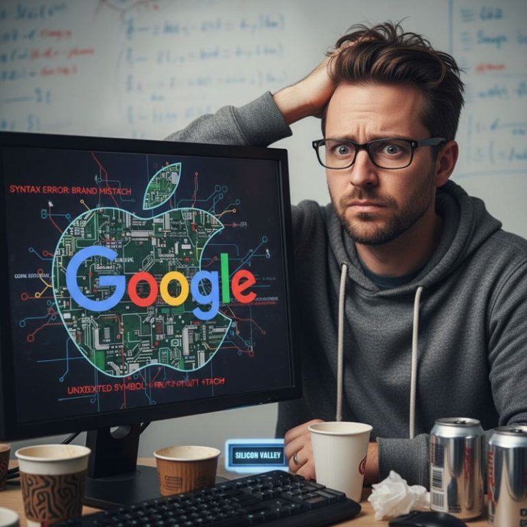 애플과 구글 로고를 양손에 들고 머쓱해하는 엔지니어