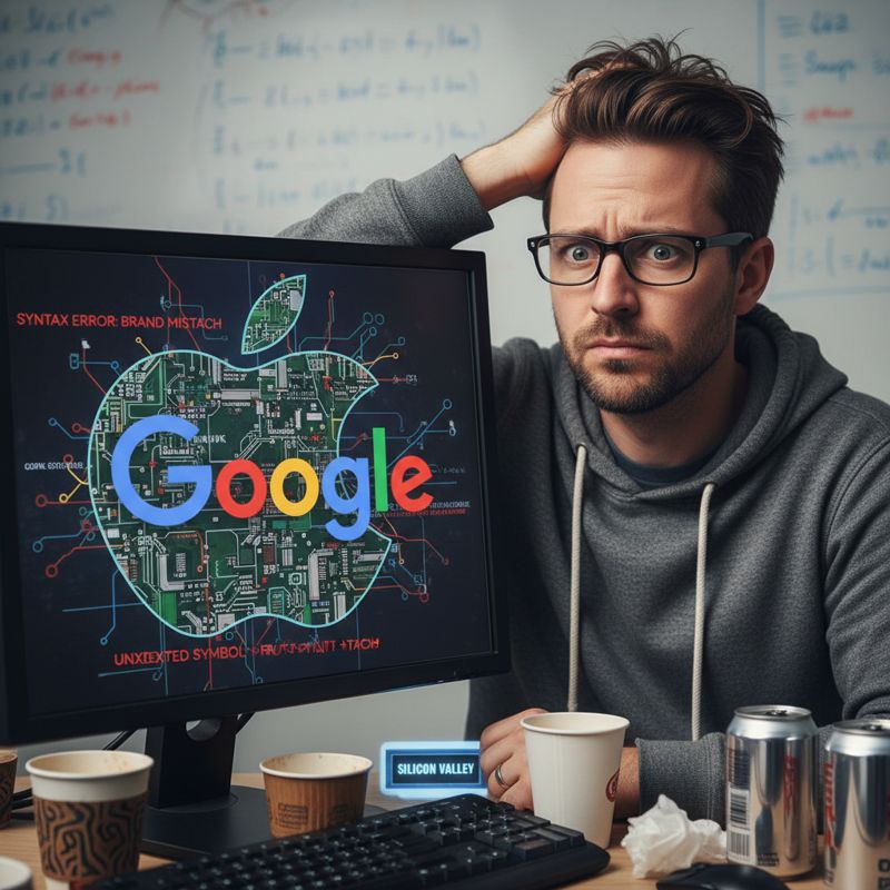 애플과 구글 로고를 양손에 들고 머쓱해하는 엔지니어