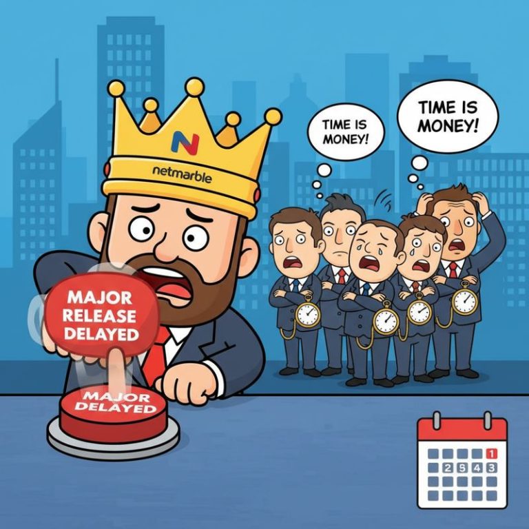 넷마블 캐릭터가 대작 연기 버튼을 누르고 투자자들이 기다리는 모습을 익살스럽게 묘사