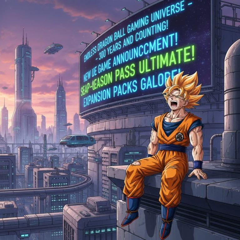 미래 도시에서 지친 표정으로 있는 손오공, 광고판엔 'DLC'와 '드래곤볼 신작!' 홍보 중