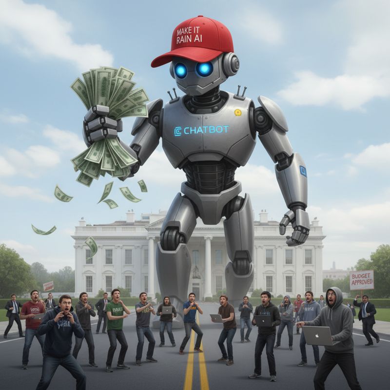 트럼프 모자를 쓴 거대 로봇 챗봇이 돈다발을 들고 백악관 앞을 걷고 있다
