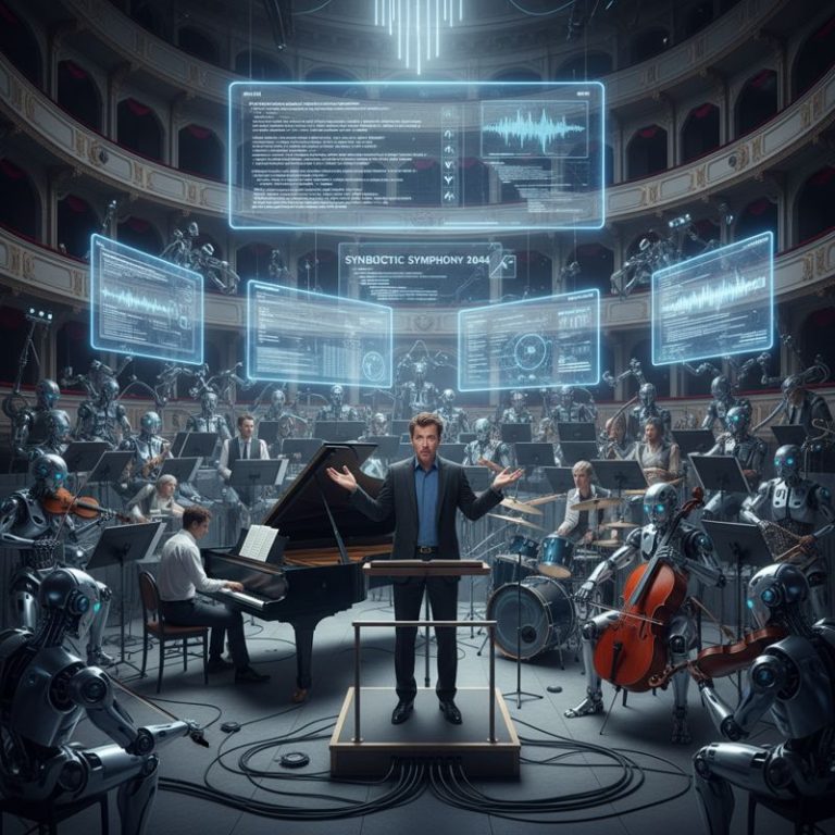 AI와 로봇이 악기를 연주하는 오케스트라에서 지휘자가 어리둥절해하는 모습