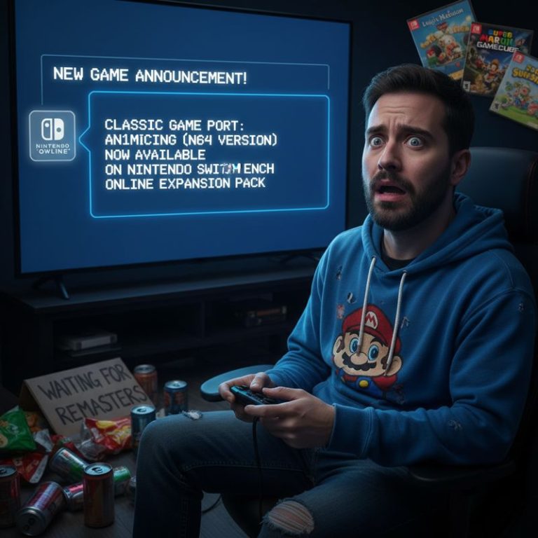 닌텐도 팬이 리마스터를 기다리다 실망하는 모습. Switch Online과 GameCube 이미지 배경.