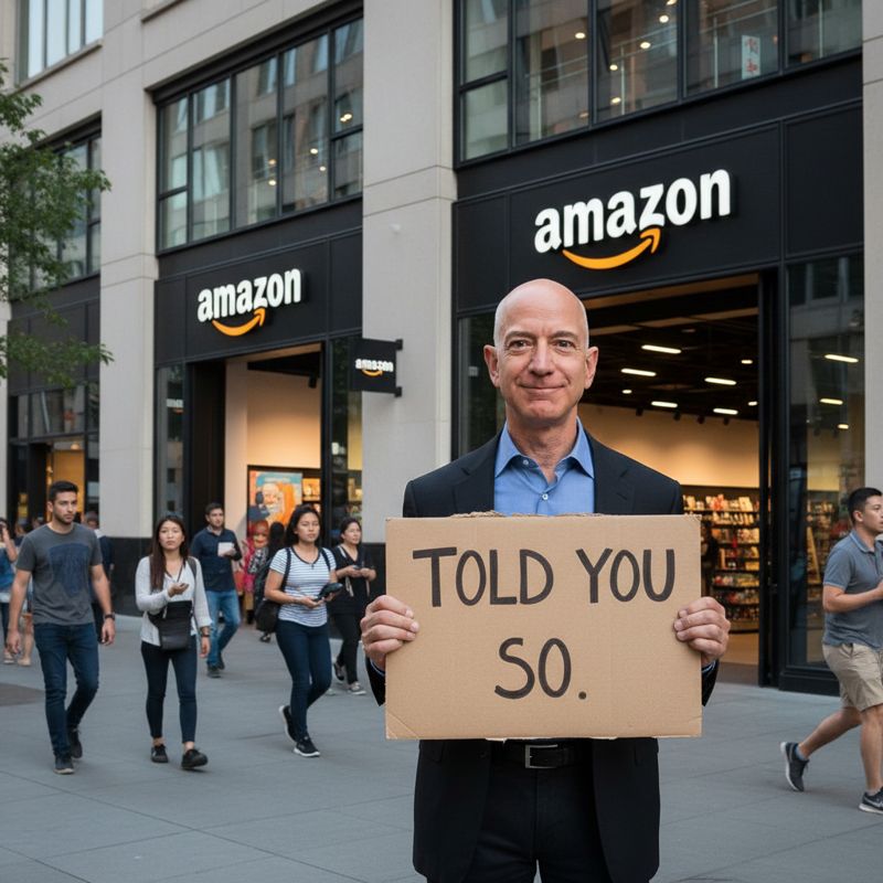 아마존 매장 앞에 서서 콧방귀 뀌는 제프 베조스와 '이럴 줄 알았지' 플래카드