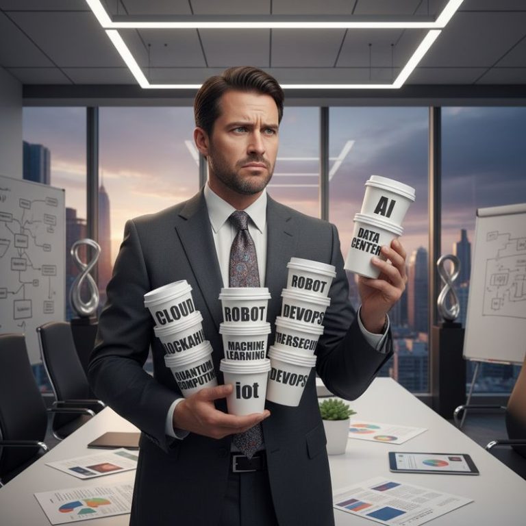 AI, 클라우드, 로봇, 데이터센터 다양한 키워드를 들고 멍한 표정의 대기업 임원