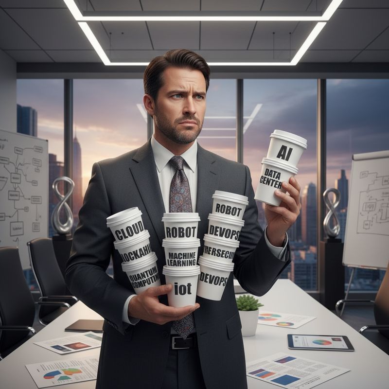 AI, 클라우드, 로봇, 데이터센터 다양한 키워드를 들고 멍한 표정의 대기업 임원