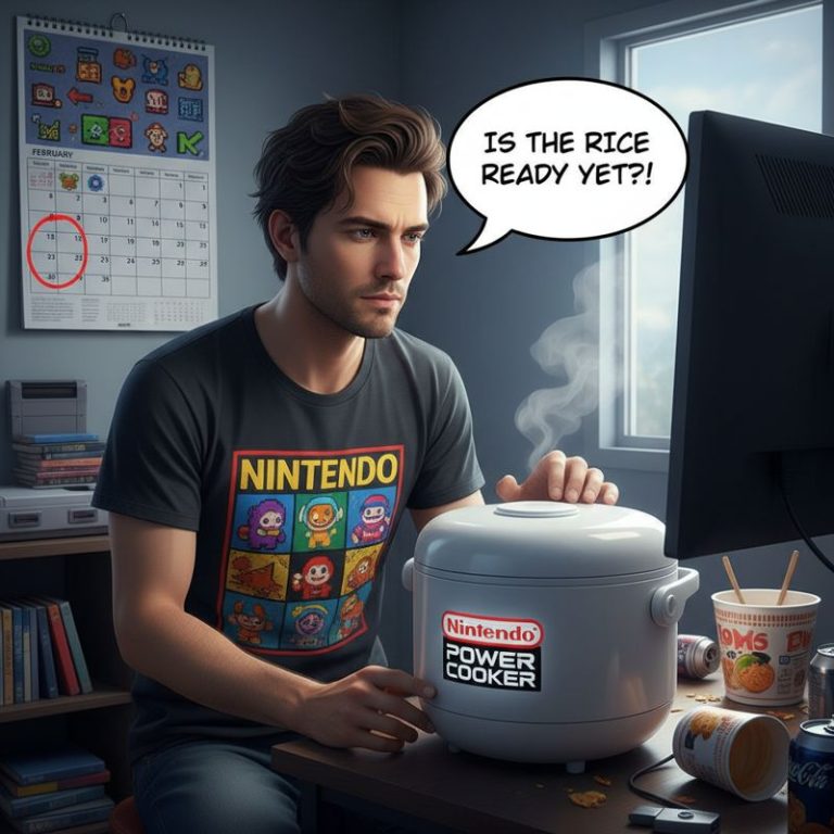 닌텐도 로고가 붙은 밥솥 앞에서 조바심 내는 게이머와 2월 첫째 주 달력