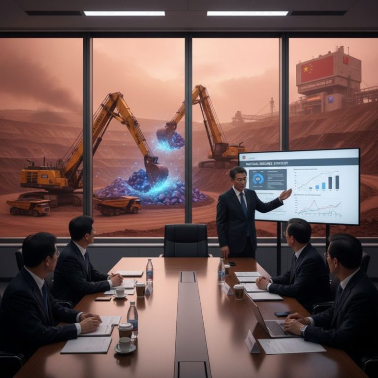 한국 관리들이 회의실에서 머리 싸매는 동안, 중국이 밖에서 광물을 독점적으로 캐내고 있는 모습의 풍자