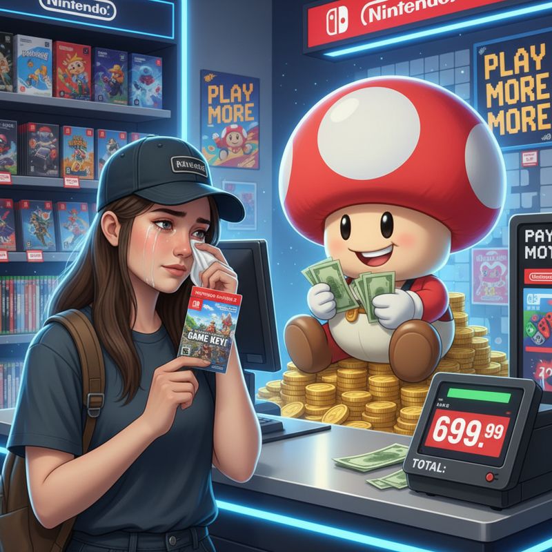 슬프게 게임 키 카드를 구매하는 게이머와 기뻐하는 닌텐도 마스코트