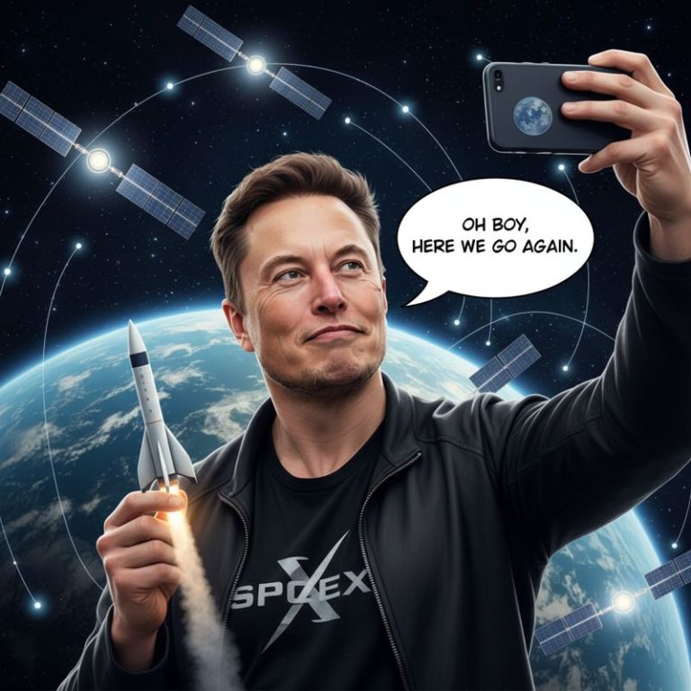 일론 머스크가 로켓과 챗봇을 들고 셀카를 찍는 밈 이미지