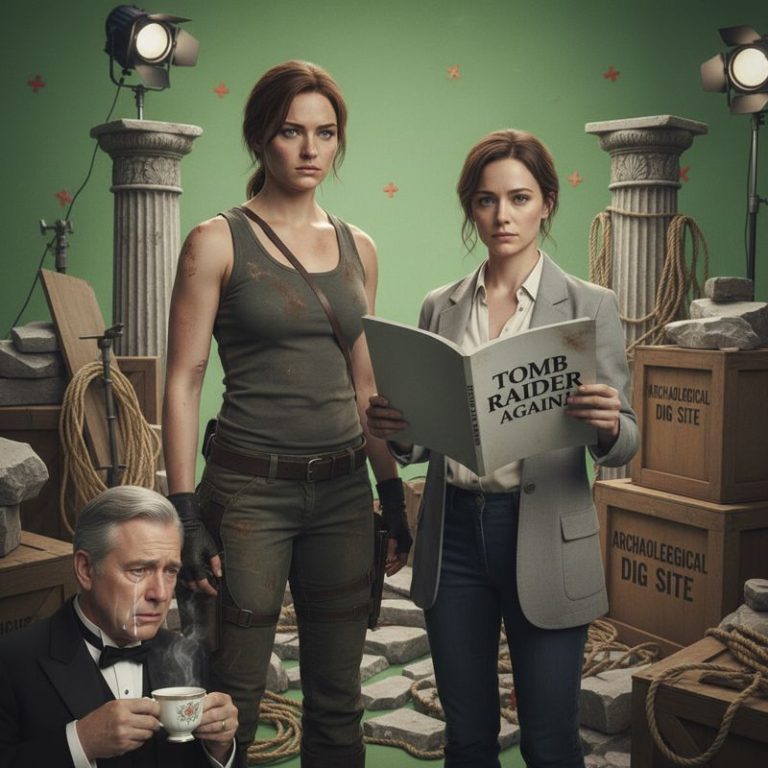 소피 터너가 라라 크로프트 복장으로 촬영장 소품들 사이에 서 있고, 피비 월러-브리지가 ‘TOMB RAIDER AGAIN?’ 대본을 들고 있다. 한쪽엔 윈스턴 집사가 식은 차를 들고 슬퍼하는 모습.
