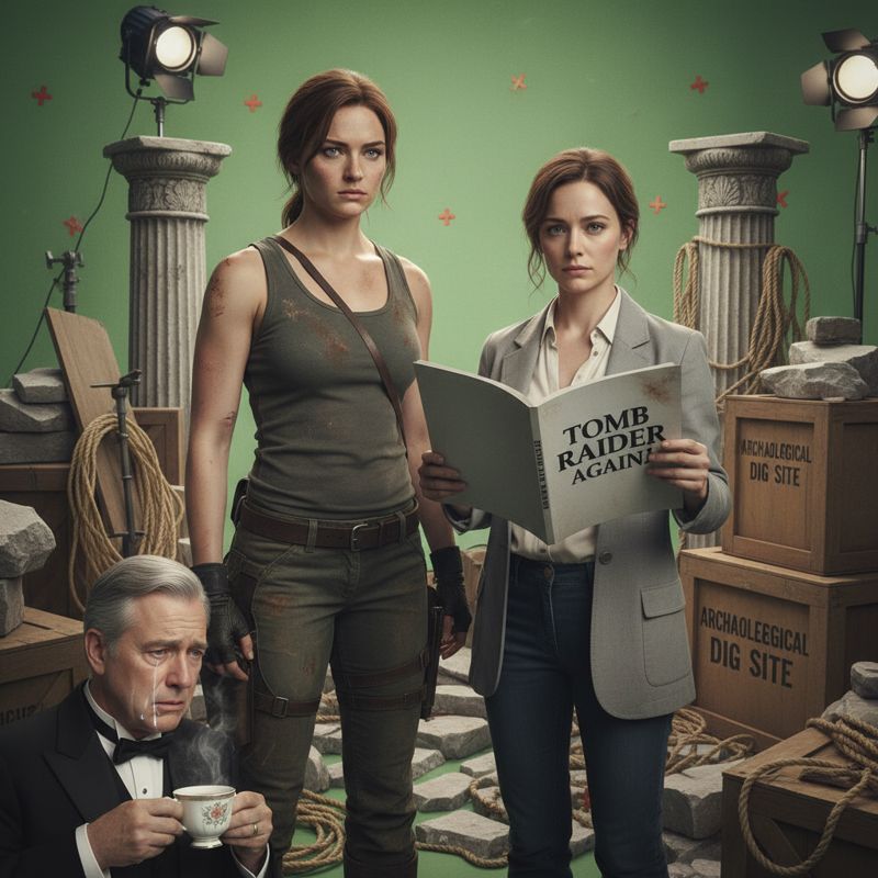 소피 터너가 라라 크로프트 복장으로 촬영장 소품들 사이에 서 있고, 피비 월러-브리지가 ‘TOMB RAIDER AGAIN?’ 대본을 들고 있다. 한쪽엔 윈스턴 집사가 식은 차를 들고 슬퍼하는 모습.