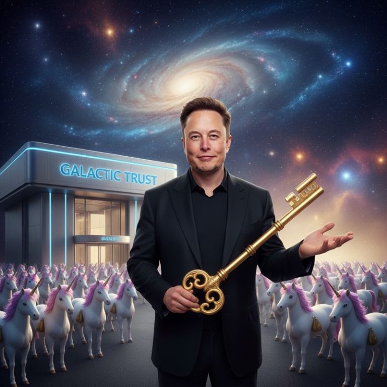 일론 머스크가 황금 열쇠를 들고 있고, 뒤에는 유니콘들이 행진하며 따라가는 모습