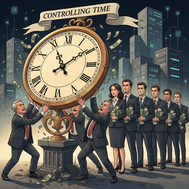 정부 인사가 골든타임 시계를 붙잡으려 하고, 뒤에는 대기업 관계자들이 줄을 서 있다