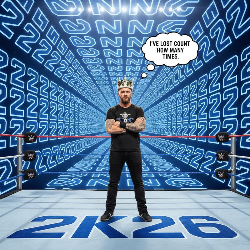 CM 펑크가 레슬링 링 위에서 왕관을 쓰고 서 있고, 뒤로는 '2K26'이 무한 반복되는 풍자적 장면