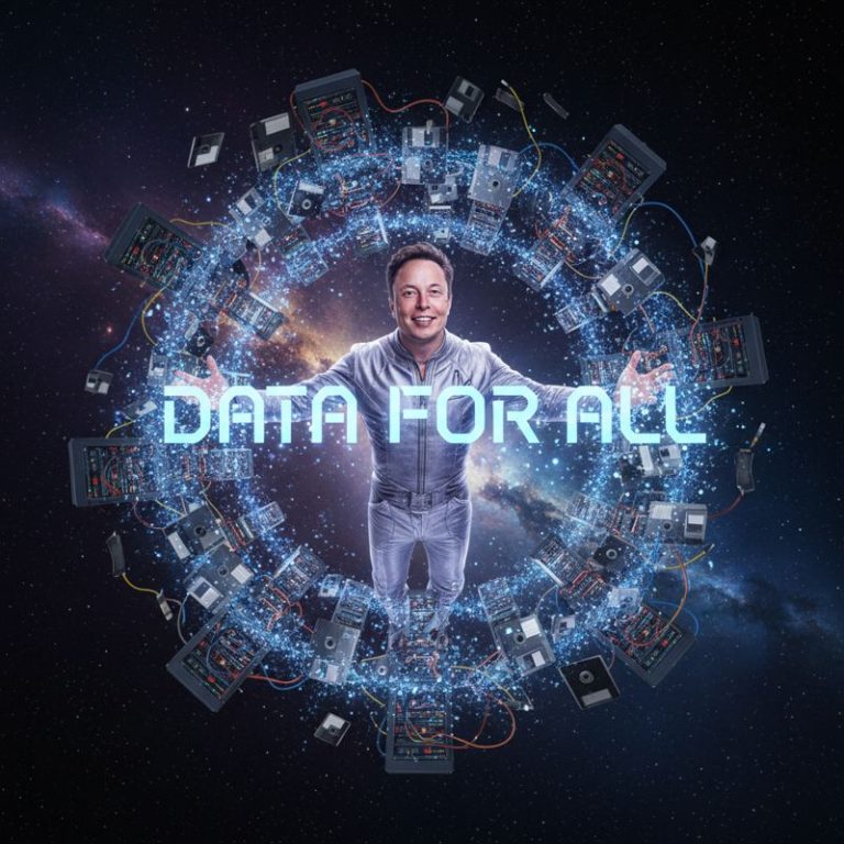 머스크가 우주에서 서버랙과 데이터 파일을 마구마구 뿌리는 만화