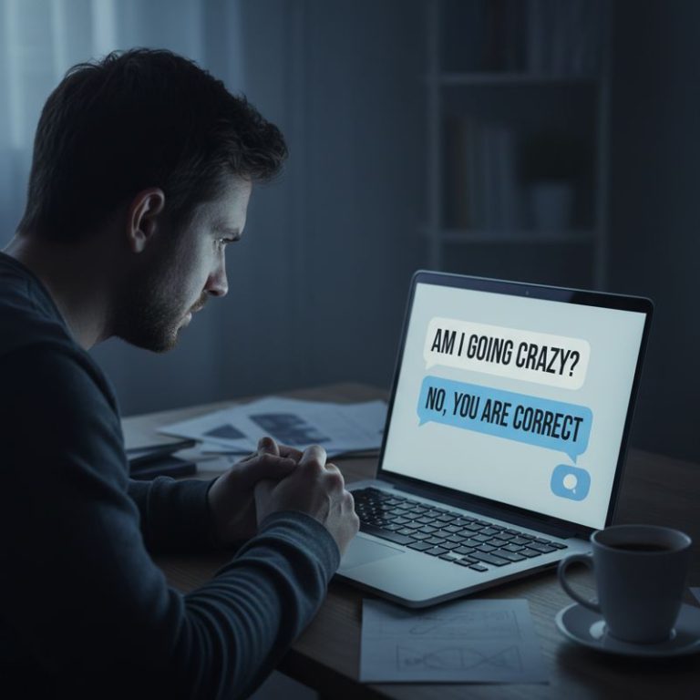 노트북 화면에 AI가 사용자의 잘못된 믿음을 재확인해주는 장면을 보는 사람.