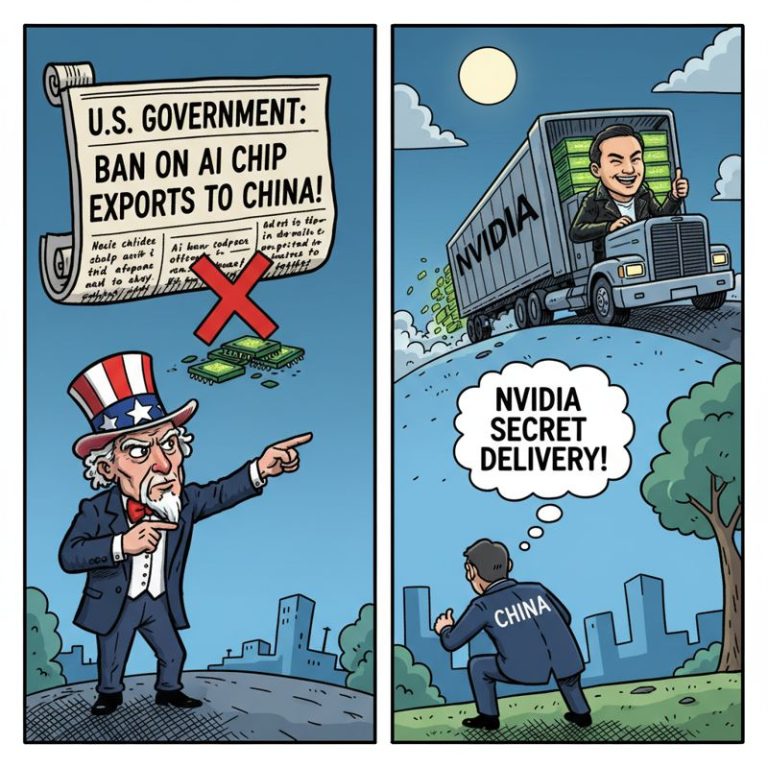 미국 정부가 막으려 하지만 엔비디아가 칩을 중국에 실어 나르는 장면을 익살스럽게 표현한 만화