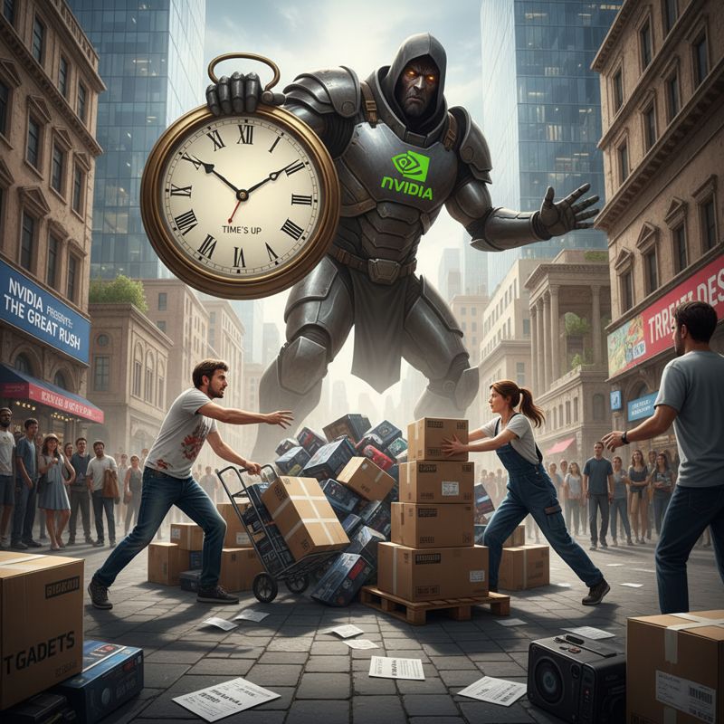 인증 전 제품을 쌓아두는 두 사람이 엔비디아 캐릭터의 독촉을 받는 만화