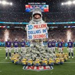 우주복 마리오가 슈퍼볼 경기장 현금다발 위에서 1,000만 달러 팻말을 들고 있다