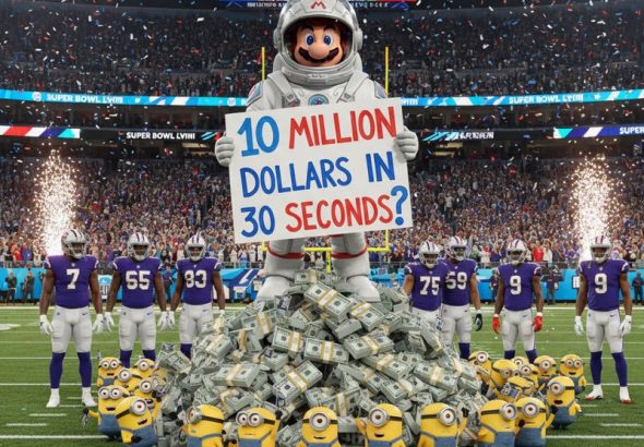 우주복 마리오가 슈퍼볼 경기장 현금다발 위에서 1,000만 달러 팻말을 들고 있다