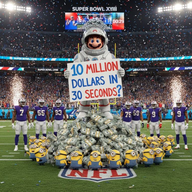 우주복 마리오가 슈퍼볼 경기장 현금다발 위에서 1,000만 달러 팻말을 들고 있다