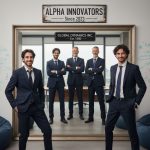 스타트업 직원이 양복 차림으로 거울 속 대기업 임원을 흉내내는 장면