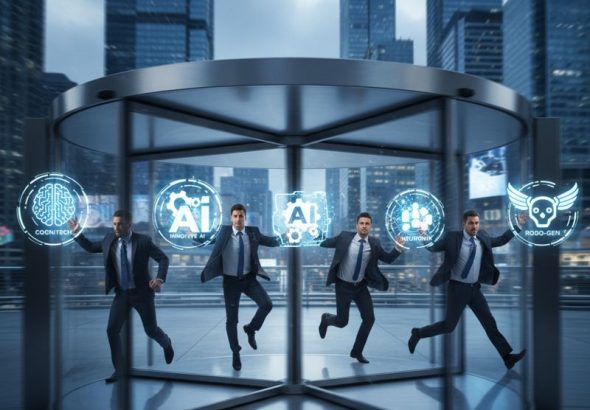 기업인들이 회전문에 밀려들며 AI 로고를 붙들고 있는 모습