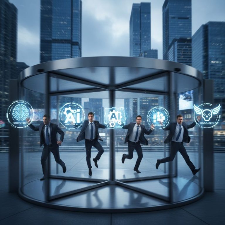 기업인들이 회전문에 밀려들며 AI 로고를 붙들고 있는 모습