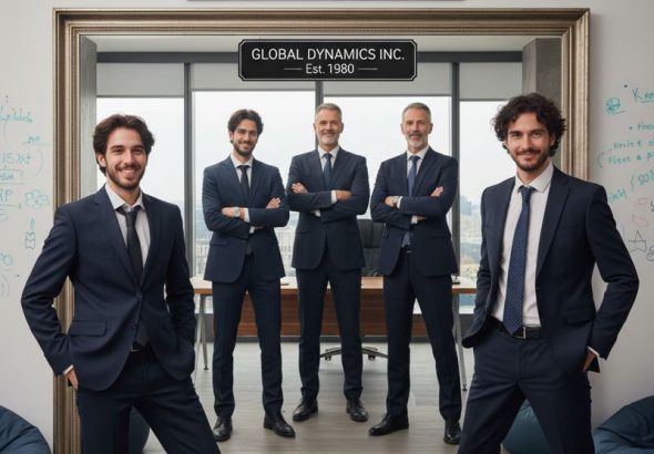 스타트업 직원이 양복 차림으로 거울 속 대기업 임원을 흉내내는 장면