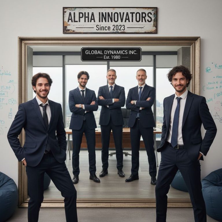 스타트업 직원이 양복 차림으로 거울 속 대기업 임원을 흉내내는 장면