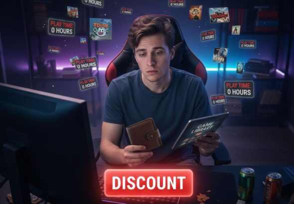 할인 버튼과 게임만 쌓이는 에픽스토어 라이브러리를 바라보는 무표정 게이머