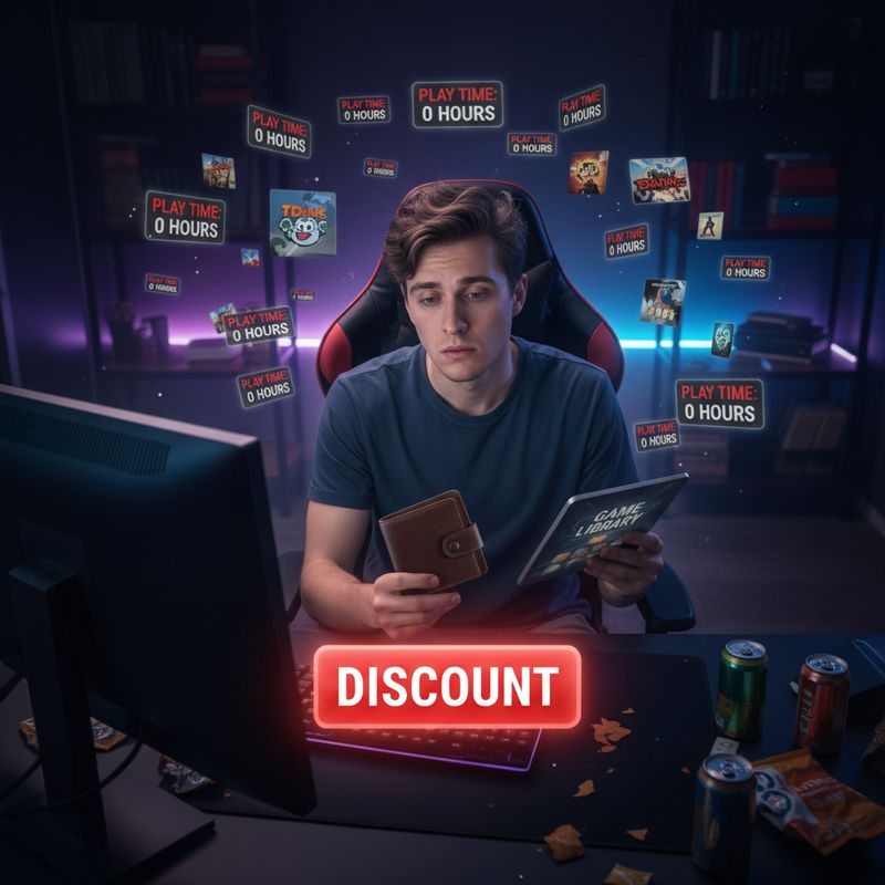 할인 버튼과 게임만 쌓이는 에픽스토어 라이브러리를 바라보는 무표정 게이머