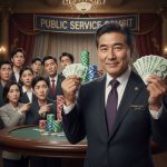 정부 관료가 화투패와 현금을 들고 웃고 있고, 시민이 의아해하는 모습