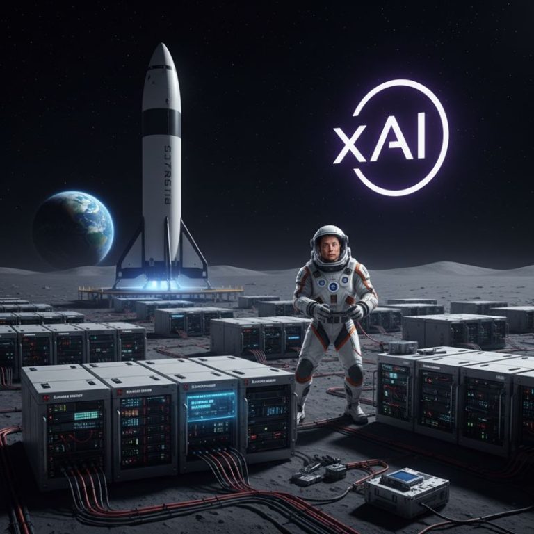 우주복 차림의 엘론 머스크가 달 위에 데이터 센터 설치