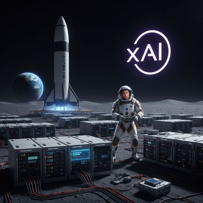 우주복 차림의 엘론 머스크가 달 위에 데이터 센터 설치