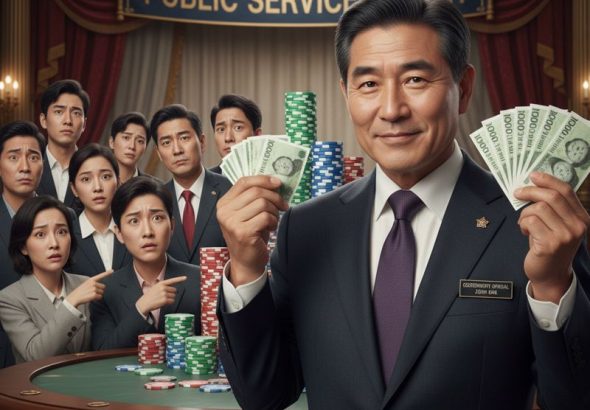 정부 관료가 화투패와 현금을 들고 웃고 있고, 시민이 의아해하는 모습