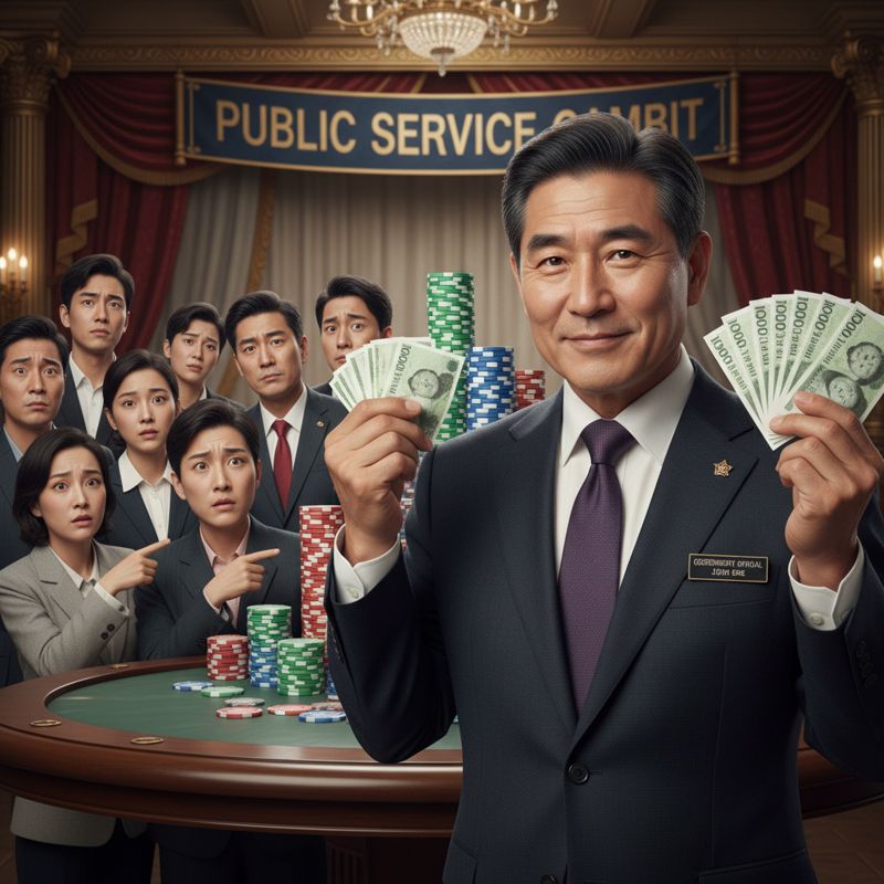 정부 관료가 화투패와 현금을 들고 웃고 있고, 시민이 의아해하는 모습