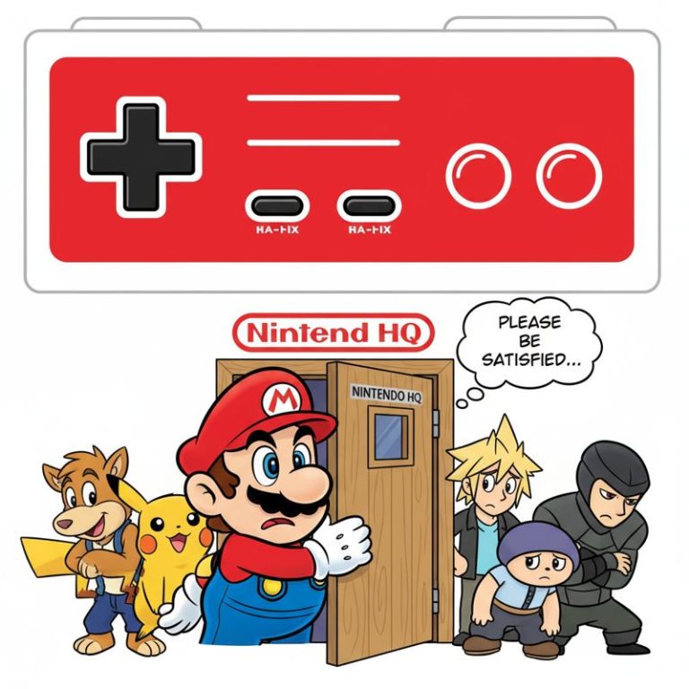 마리오가 써드파티 게임 캐릭터들을 집에 초대하며 문을 열어주는 상황을 그린 만화 이미지