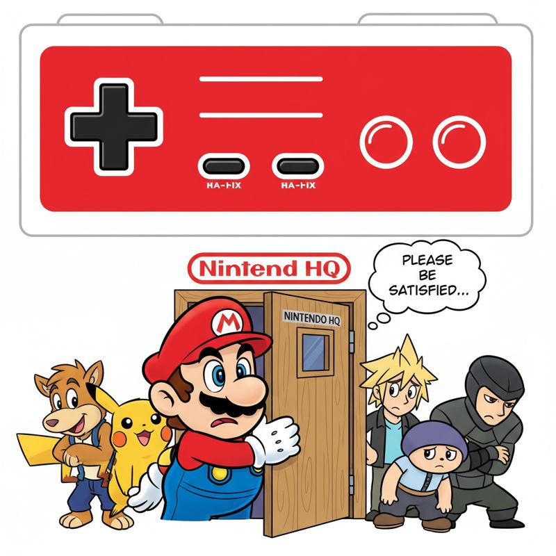 마리오가 써드파티 게임 캐릭터들을 집에 초대하며 문을 열어주는 상황을 그린 만화 이미지