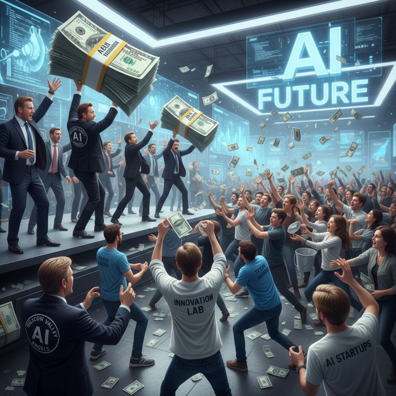 투자자들이 큰 돈다발을 들고 AI 창업자들에게 뿌리는 그림.