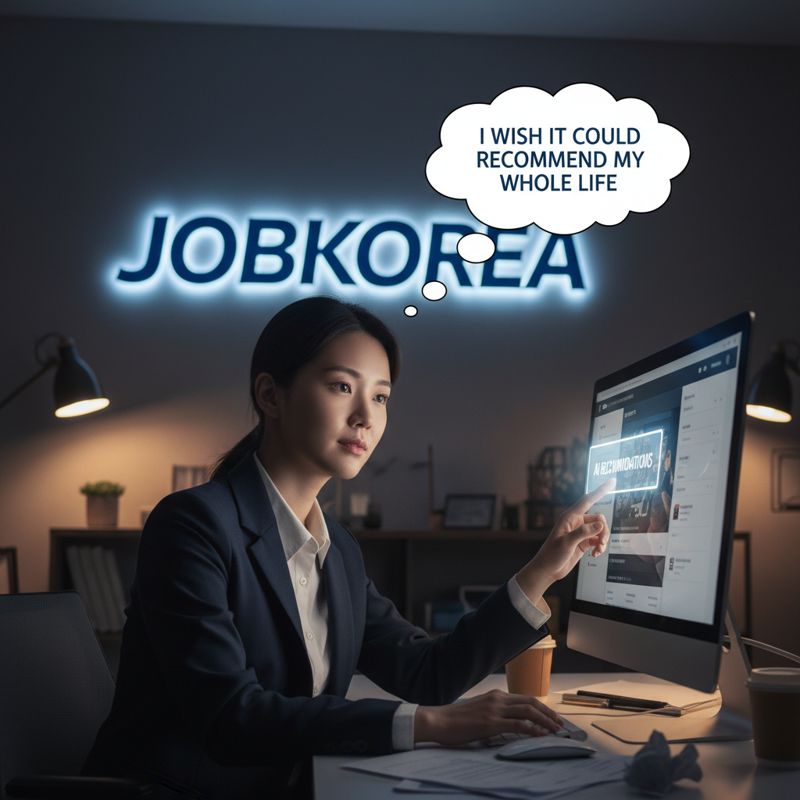 구직자가 컴퓨터로 AI 추천을 받으며 허탈하게 웃으며 '내 인생도 추천해달라'고 생각하는 모습