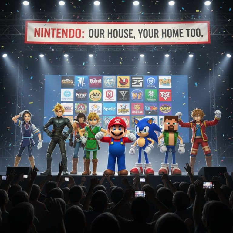 닌텐도 캐릭터가 다른 게임 캐릭터들과 한데 모여 환하게 웃는 모습에 '닌텐도: 우리 집은 남의 집'이라는 문구