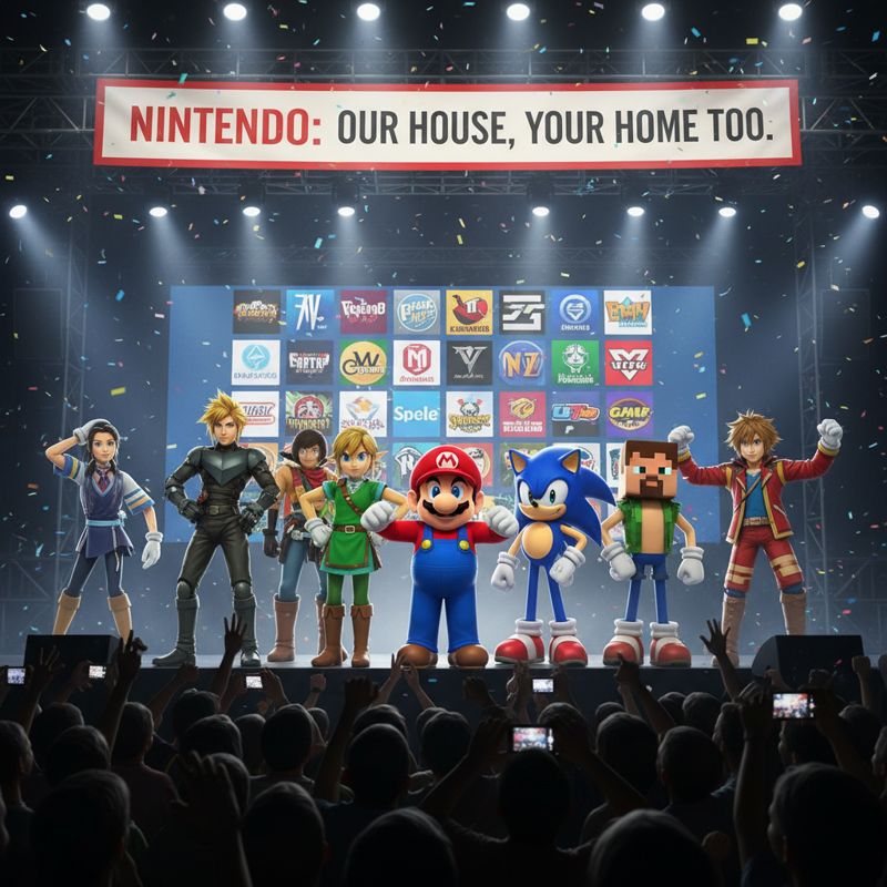 닌텐도 캐릭터가 다른 게임 캐릭터들과 한데 모여 환하게 웃는 모습에 '닌텐도: 우리 집은 남의 집'이라는 문구