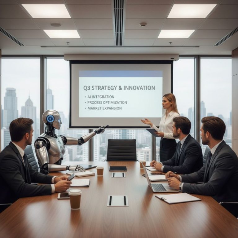 회의실 책상에 인간 직원들과 AI 로봇이 함께 앉아있는 모습