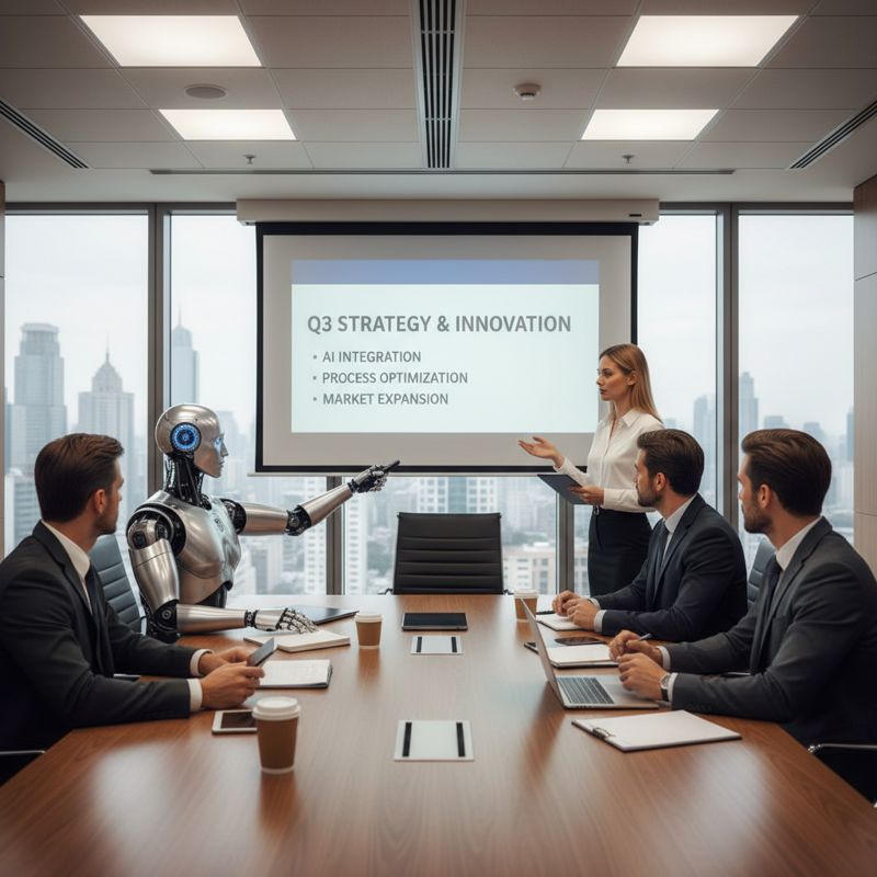 회의실 책상에 인간 직원들과 AI 로봇이 함께 앉아있는 모습