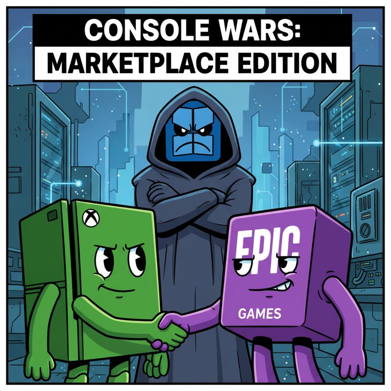 Xbox와 Epic Games 스토어 로고 캐릭터가 악수하고, Microsoft Store 캐릭터가 질투하는 모습