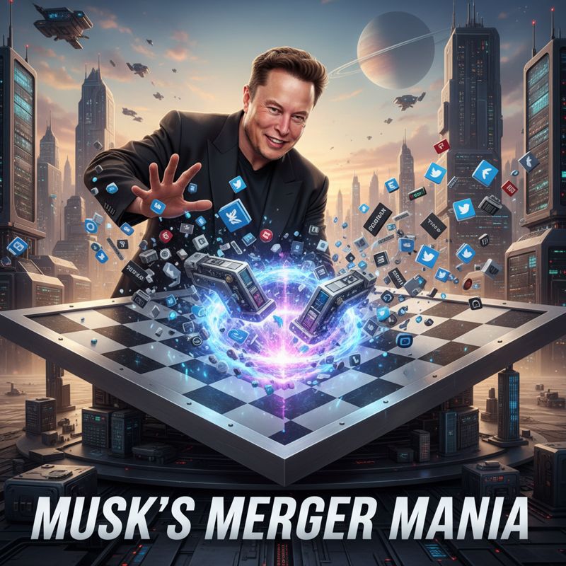 엘론 머스크가 체스판 위 기업 로고 말들을 합치며 승리의 미소를 짓는 모습